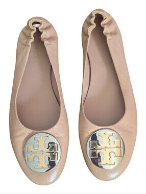 Tory Burch Claire Cap-Toe Ballet Flats in Natural, size 8.5.